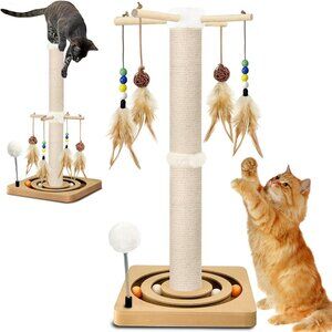 New 25in Cat Scratching Post Tree with Ball Track & Hanging Toys for Indoor Cats